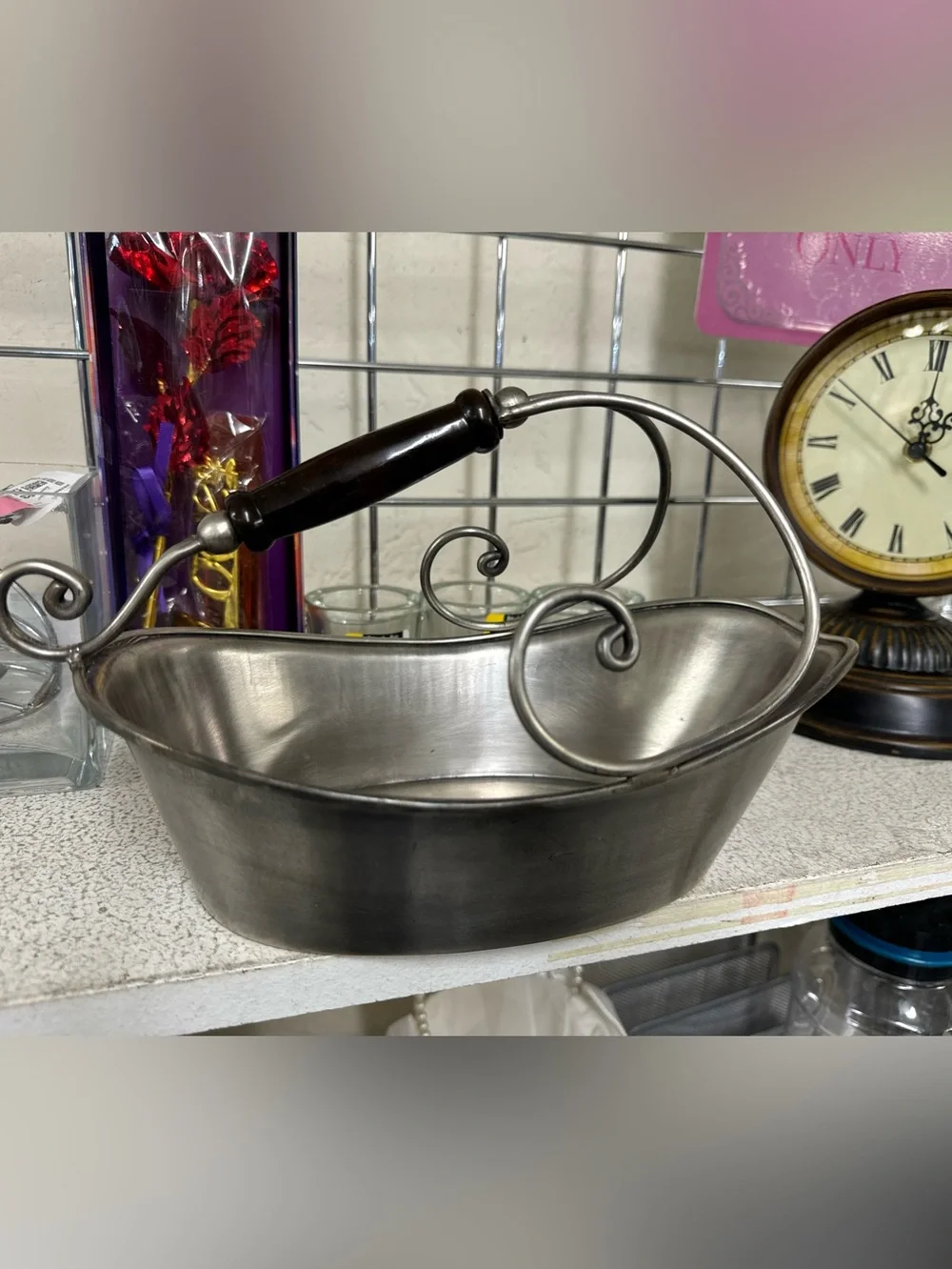 Metal Decorative Serving Basket with Dark Wood Handle